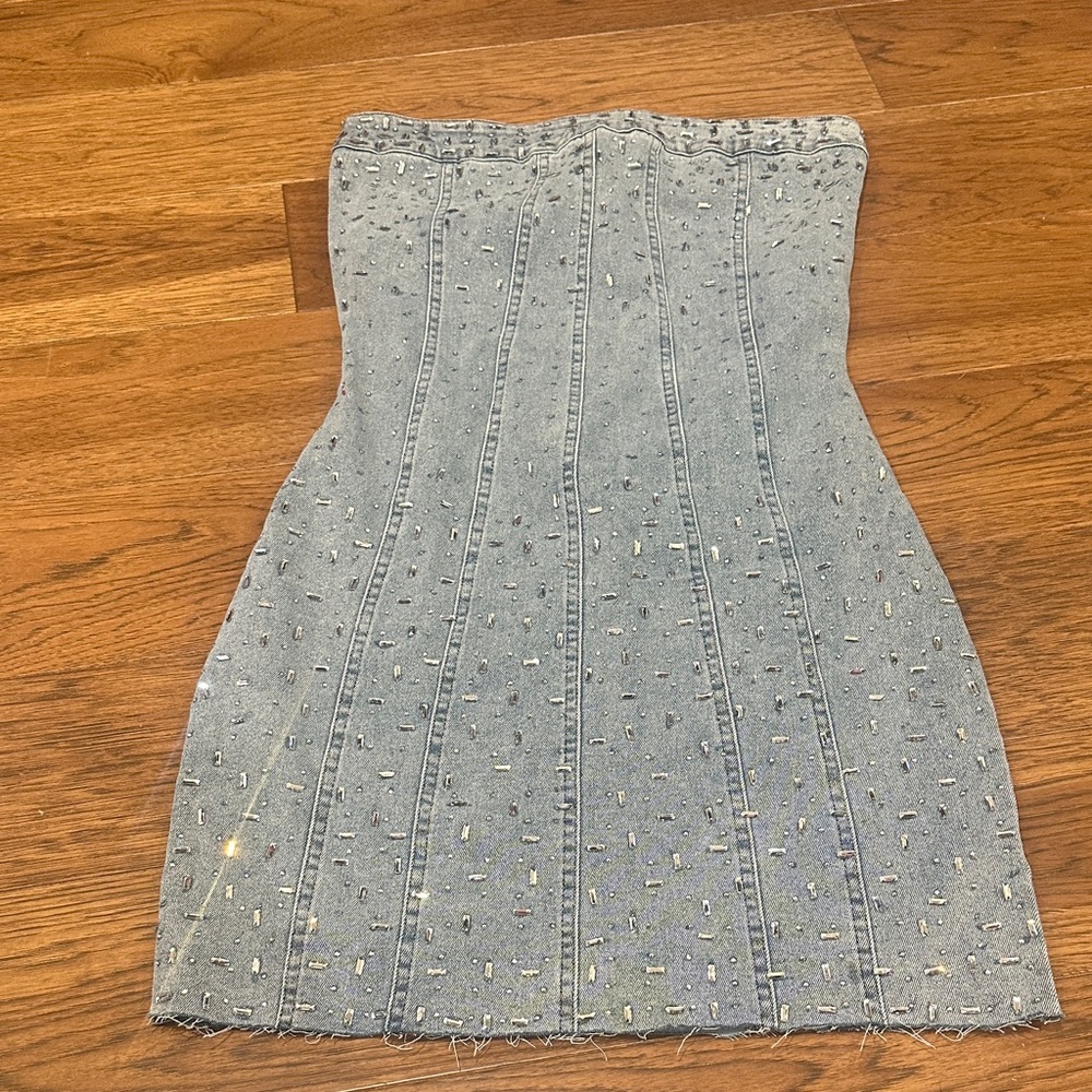 Embellished Denim Strapless Mini Dress